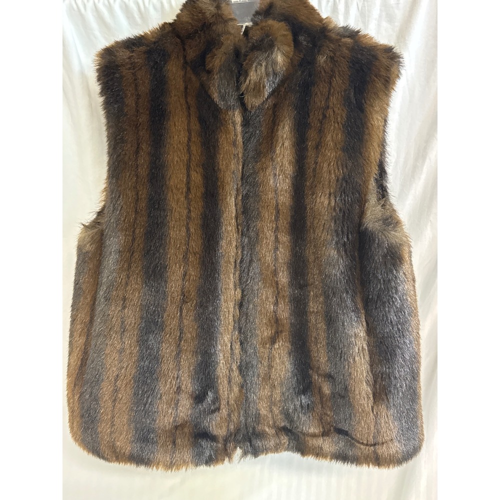 Coaco New York Womens Faux Fur Striped Vest Brown Black Full Zip Size M